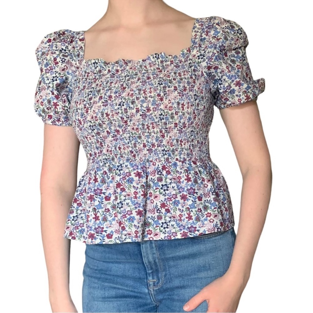 French Connection Pink and Blue Smocked Peplum Blouse